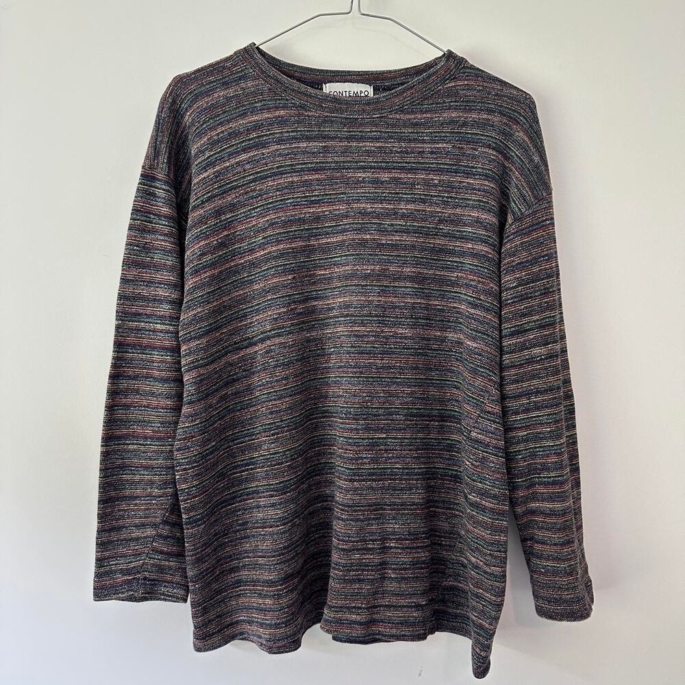 Vintage 90s skater grunge semi-fitted multicolored striped cotton sweater large